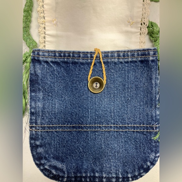 Handmade Upcycled Denim Crossbody Purse, Embroidered, Handstitched, Vintage - Picture 4 of 5